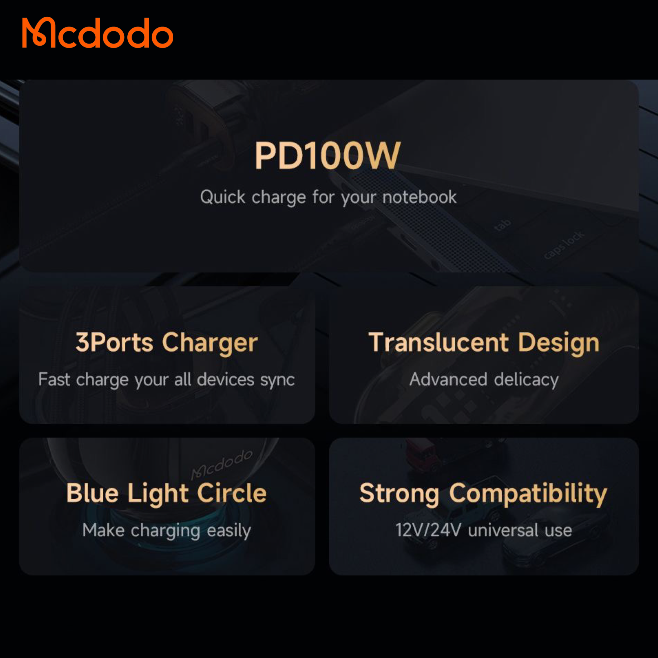 Mcdodo 100w 3 Port Fast Car Charger , USB-C x 2 : USB-A x 1