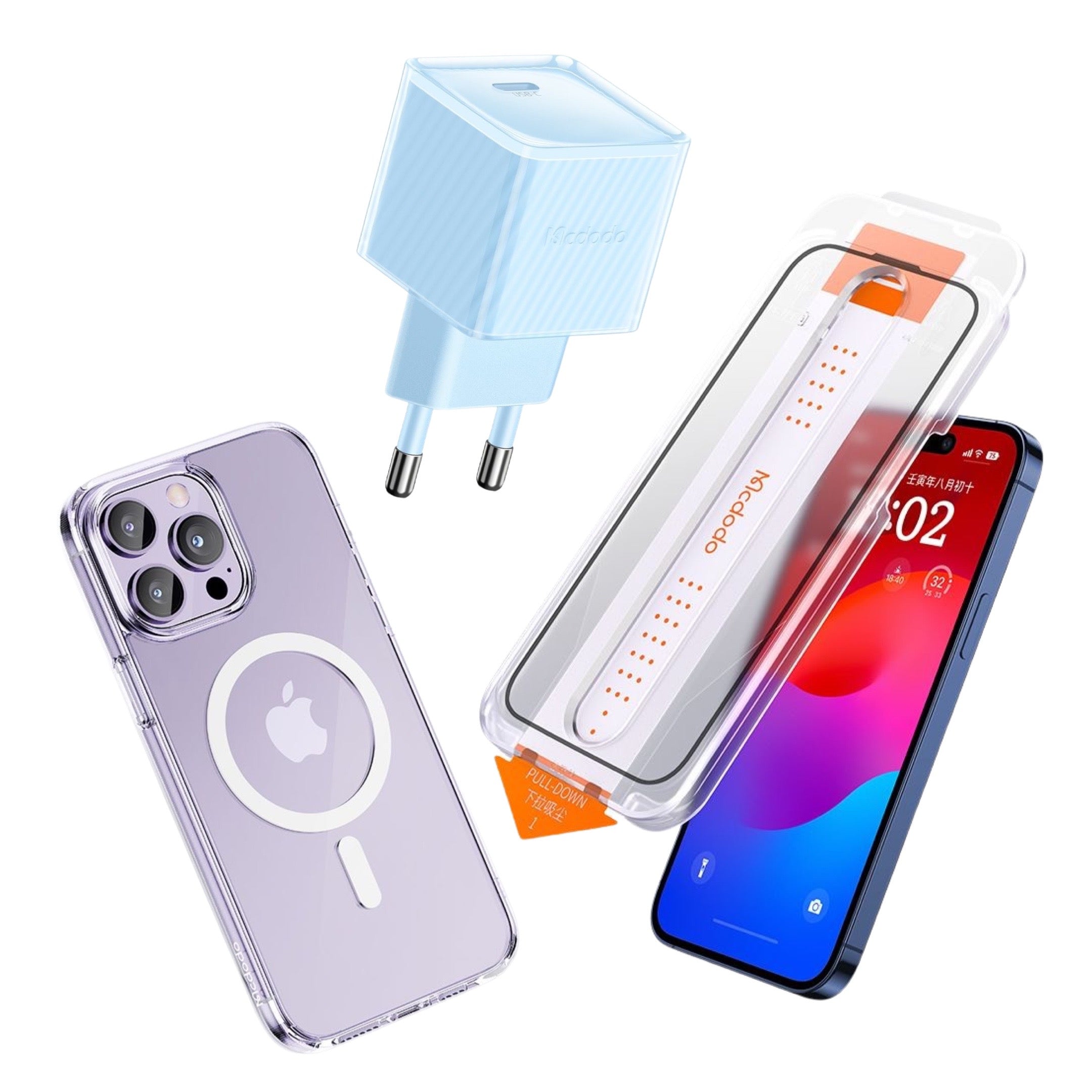 Mcdodo iPhone 15 Starter Pack - 20w GaN Charger , iPhone 15 Series Case , iPhone 15 Series Screen Protector