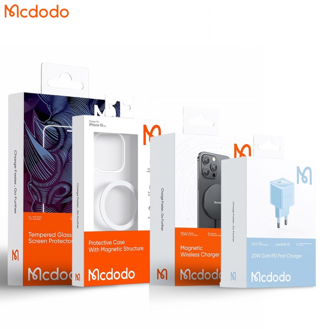 Mcdodo iPhone 15 Starter Pack - 20w GaN Charger , iPhone 15 Series Case , iPhone 15 Series Screen Protector , MagSafe Charger