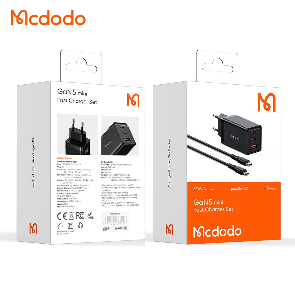 Mcdodo 65w GaN 5 Mini Fast Charger Tri Port + 2m USB-C Cable