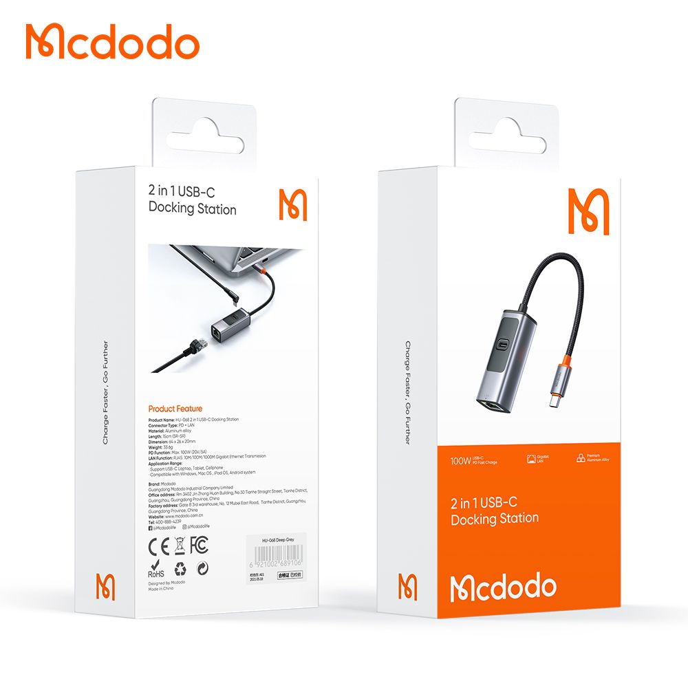 Mcdodo 2-1 USB-C To RJ45 + Type C Power 100w Dongle Hub