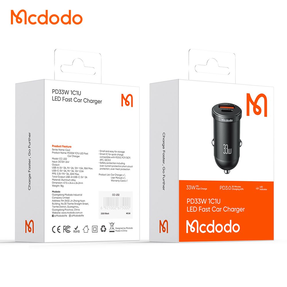 Mcdodo 33w Mini Dual Port Fast Car Charger With LED Light