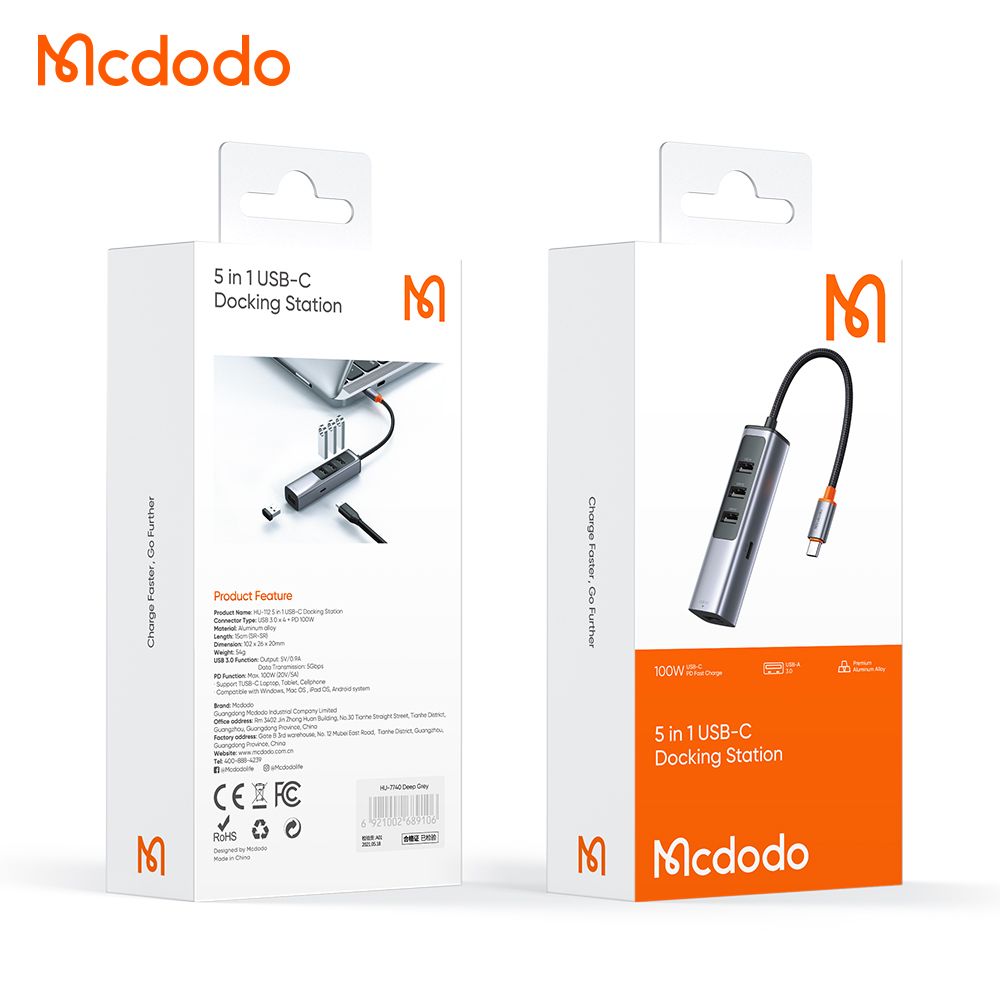 Mcdodo 5 in 1 USB C To USB A x 4 Hub Dongle + 100w Type C Power