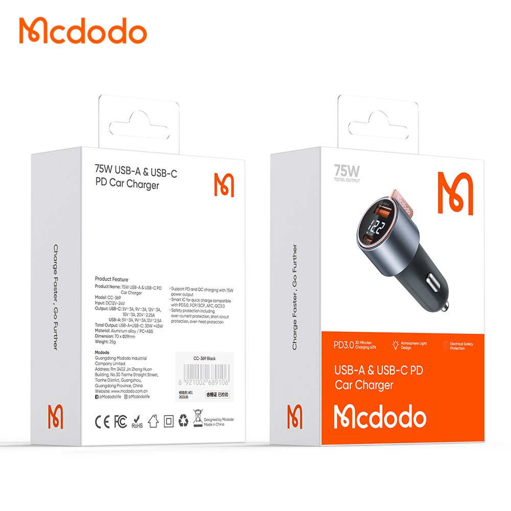 Mcdodo 75w Dual Port Car Charger USB-C (45w) USB-A (30w) + Voltage Display